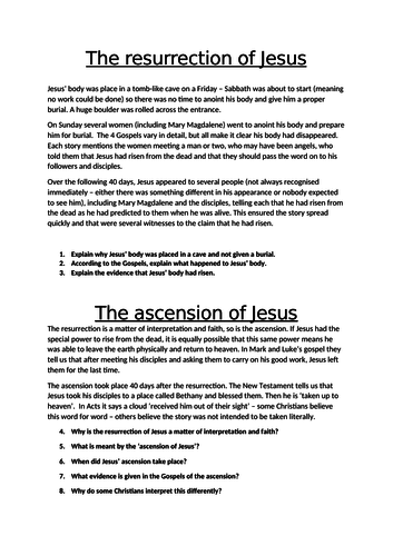 Resurrection and acscension of Jesus AQA