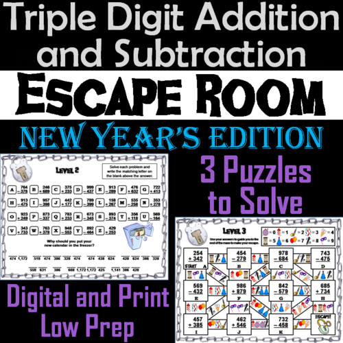 Triple Digit Addition and Subtraction Game: Math Escape Room New Year's