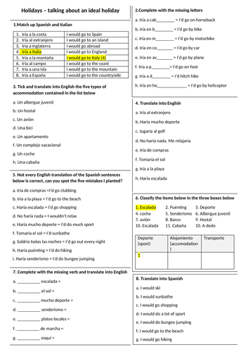KS3 / 4 Spanish - Sentence builder on holidays in the conditional with pool of activities