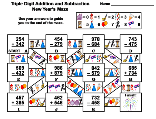 Triple Digit Addition and Subtraction New Year's Math Maze