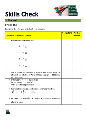 GCSE Maths Diagnostic Skills Check for Fractions
