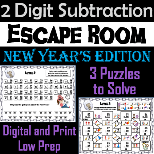 Double Digit Subtraction With and Without Regrouping: New Year's Escape Room