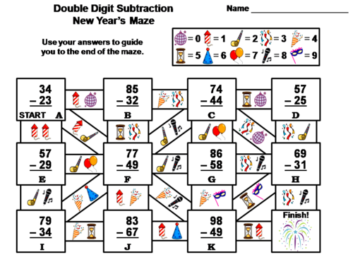 Double Digit Subtraction New Year's Math Maze