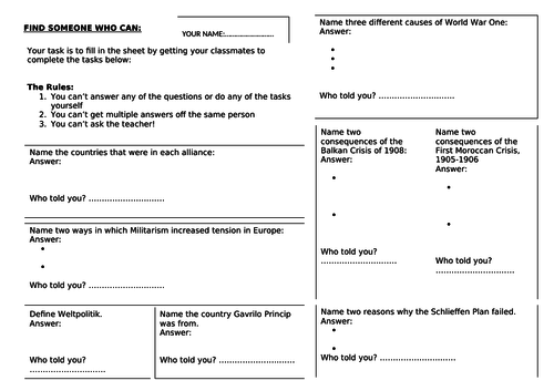 Causes of World War One 'Find Someone who Can'