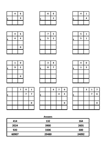 Column multiplication practice.  Answers provided