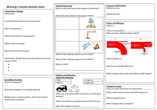 Exploring Science 8K Energy Transfers Revision sheet