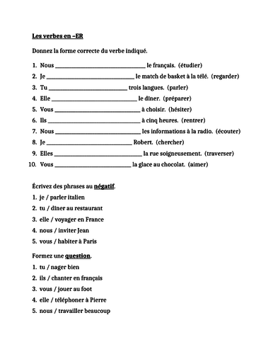 ER Verbs In French Verbes ER Present Tense Quiz 1 Teaching Resources