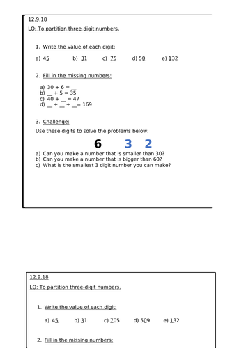 Place Value and Partitioning 3 Digit Numbers Worksheet