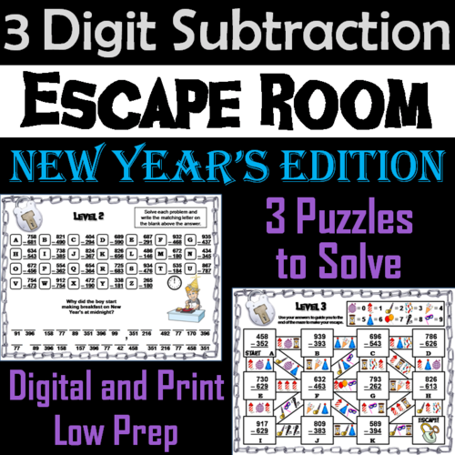 Triple Digit Subtraction With and Without Regrouping: New Year's Escape Room