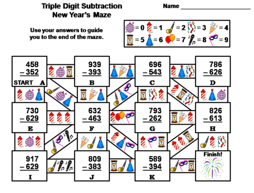 Triple Digit Subtraction New Year's Math Maze