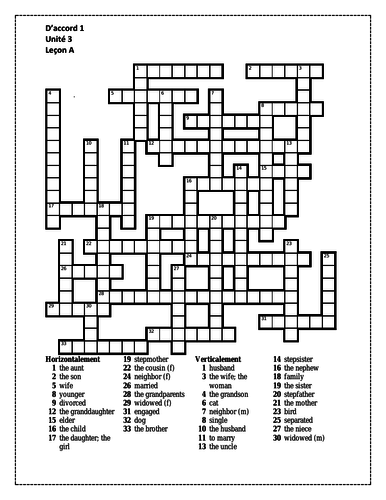 D'accord 1 Unité 3 Leçon A Crossword