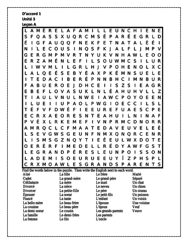 D'accord 1 Unité 3 Leçon A Wordsearch