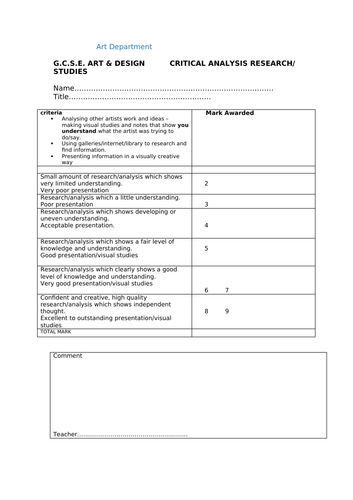 Art & Design critical studies/written analysis assessment sheet