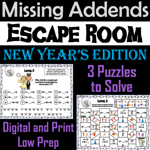 Missing Addends Addition and Subtraction Activity: New Year's Escape Room Math
