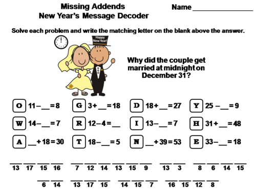 Missing Addends New Year's Math Activity: Message Decoder