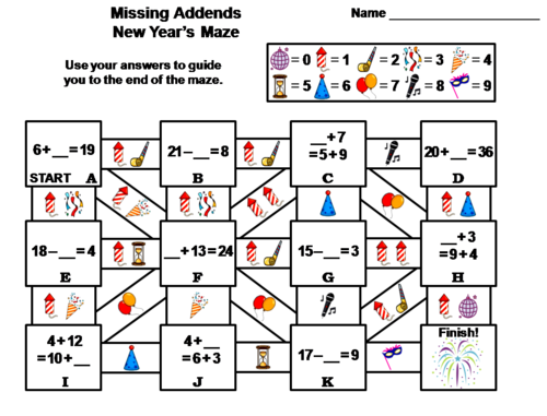 Missing Addends New Year's Math Maze