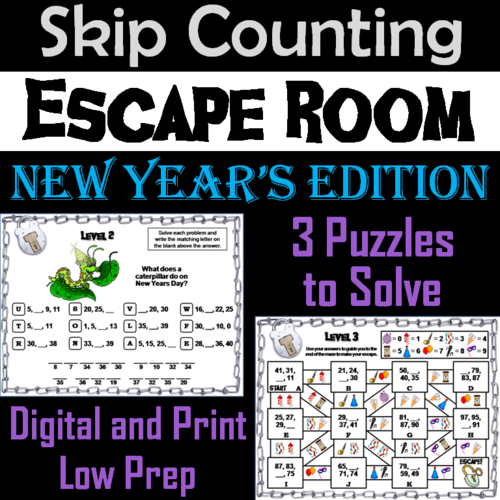 Skip Counting by 2, 3, 4, 5, 10 Game: New Year's Escape Room Math Activity
