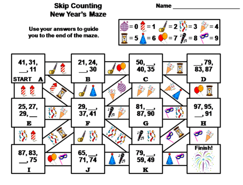 Skip Counting by 2, 3, 4, 5, 10 New Year's Math Maze