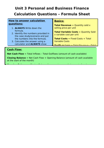 BTEC Level 3 (new spec) Unit 3 Exam - Calculation and Formula Sheet