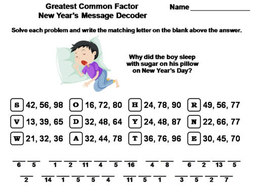Greatest Common Factor New Year's Math Activity: Message Decoder