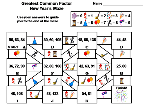 Greatest Common Factor Activity: New Year's Math Maze