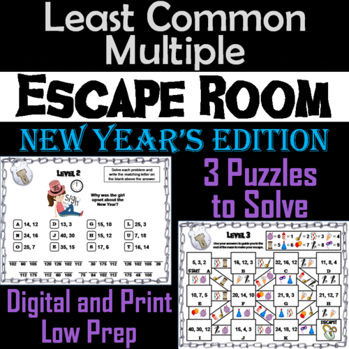 New Year's Escape Room Math: Least Common Multiple Game 4th 5th 6th 7th Grade