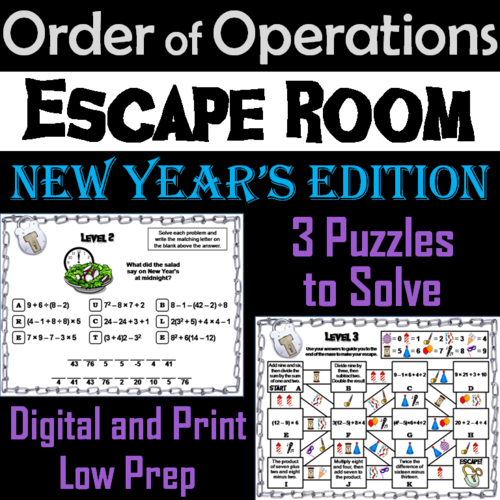 New Year's Escape Room Math: Order of Operations Game (4th 5th 6th 7th Grade)
