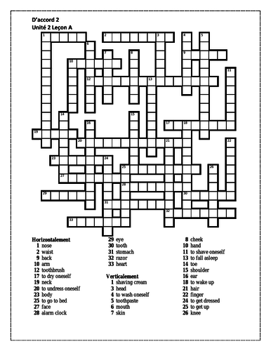 D accord 2 Unité 2 Leçon A Crossword Teaching Resources