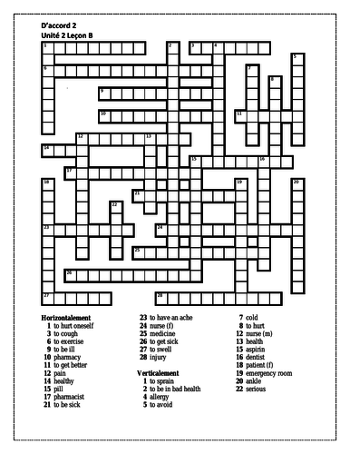 D'accord 2 Unité 2 Leçon B Crossword