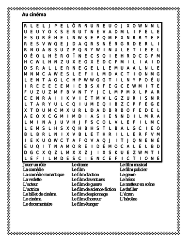 Au cinéma (Movies in French) Wordsearch