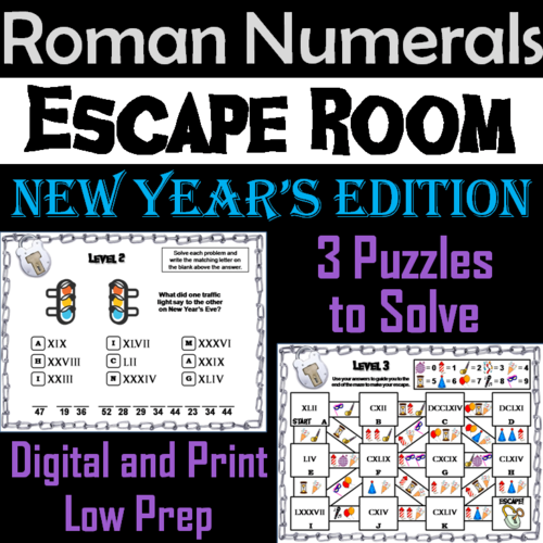 New Year's Escape Room Math: Roman Numerals Game (4th 5th 6th 7th Grade)