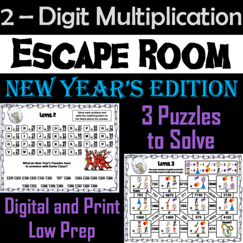New Year's Escape Room Math: Two Digit Multiplication Game (3rd 4th 5th Grade)