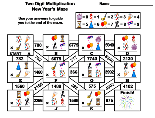 Two Digit Multiplication Activity: New Year's Math Maze