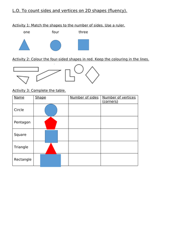 To count sides and vertices on 2D shapes - Year 1 and Year 2