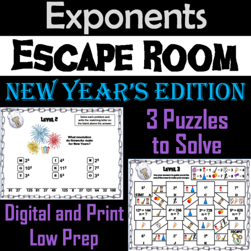 Exponents Game: Escape Room New Year's Math Activity 5th 6th 7th 8th Grade