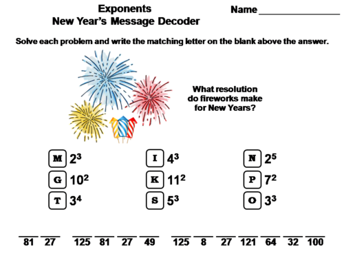 Exponents New Year's Math Activity: Message Decoder