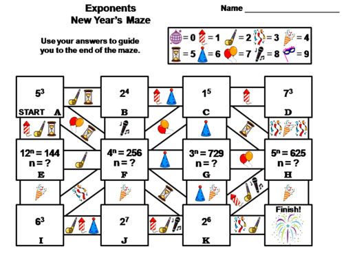 Exponents Activity: New Year's Math Maze