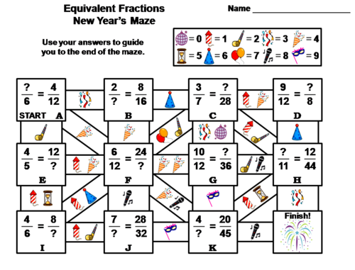 Equivalent Fractions Activity: New Year's Math Maze