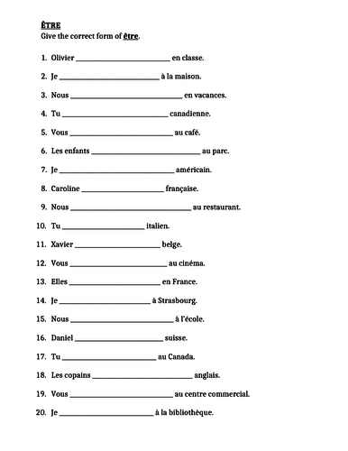 etre french verb worksheet 3 teaching resources