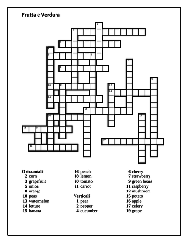 Frutta e Verdura (Fruits and Vegetables in Italian) Crossword