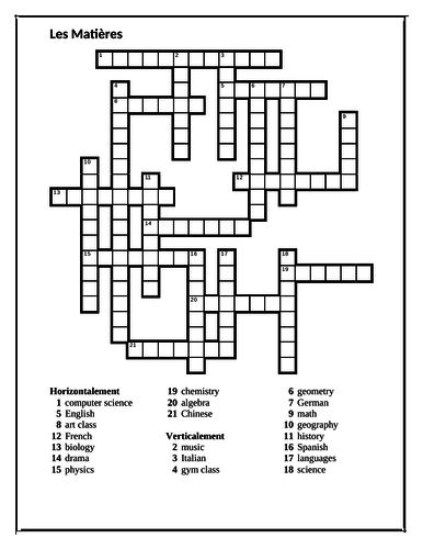 Matières (School Subjects in French) Crossword