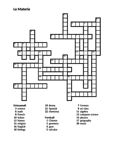 Materie (School Subjects in Italian) Crossword