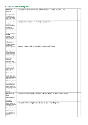 B2 Cell Division Grade 6 Revision Checklist AQA New Spec