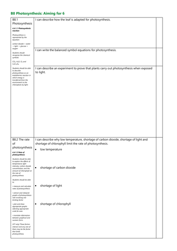 B8 Photosynthesis Grade 6 checklist AQA New Spec