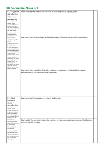 B13 Reproduction Grade 6 Revision Checklist AQA New Spec