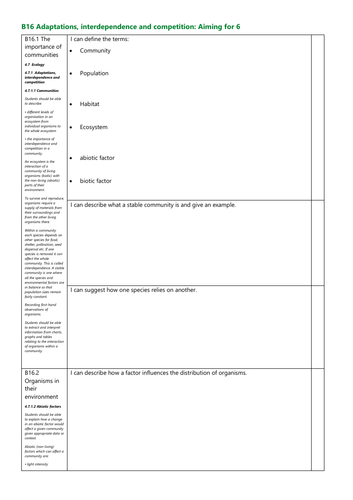 B16 Adaptations interdependence and competition Grade 6 Checklist AQA New Spec
