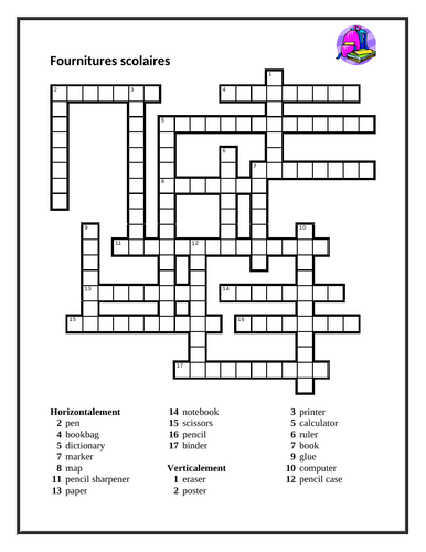 Fournitures scolaires (School Supplies in French) Crossword