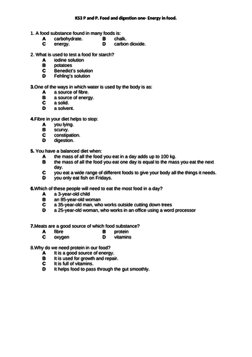 KS3 Unit 8A Biology Diet and digestion WORKSHEETS ONLY (Nutrients, Balanced diets, Absorption)