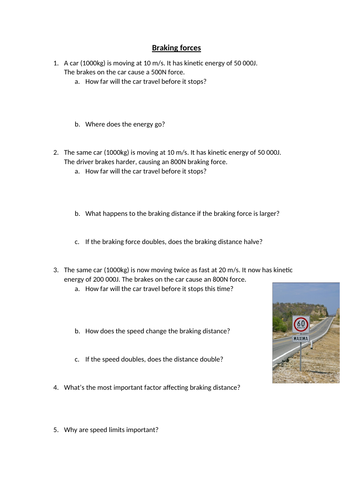 Braking forces worksheet - Work done against friction