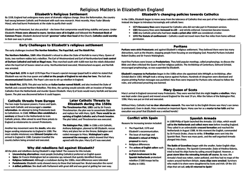 AQA A3 Knowledge Organisers for Elizabeth